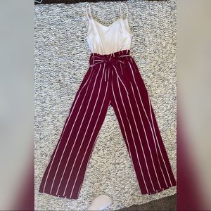 Maroon and white stripped jump suit